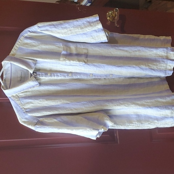 Tommy Bahama lavender and yellow stripe button down 100% linen XL SS - Picture 1 of 13